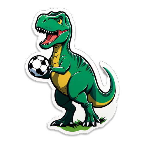 Un sticker de un T-Rex jugando al fútbol