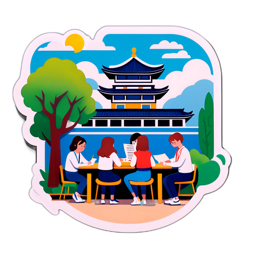 우송대학교의 랜드마크와 함께 공부하는 학생들 일러스트