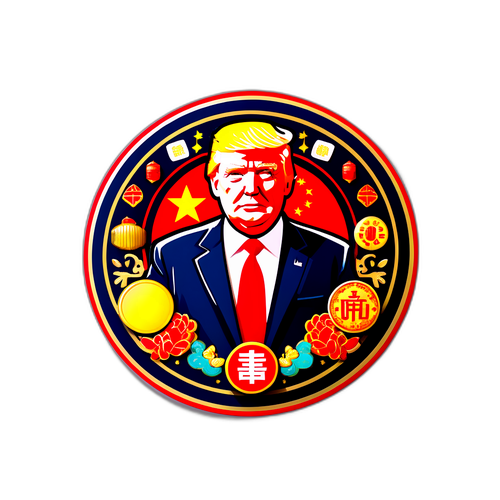 Стильный значок с Трампом, окружённым китайскими безделушками, символизирующими тарифы