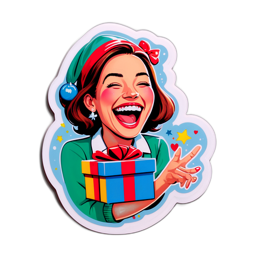 Sticker de Susana Giménez riendo, sosteniendo un regalo