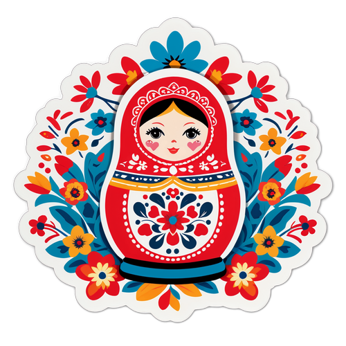 Стикер с сувенирами Москвы: матрешка, ушанка, букеты, народное искусство