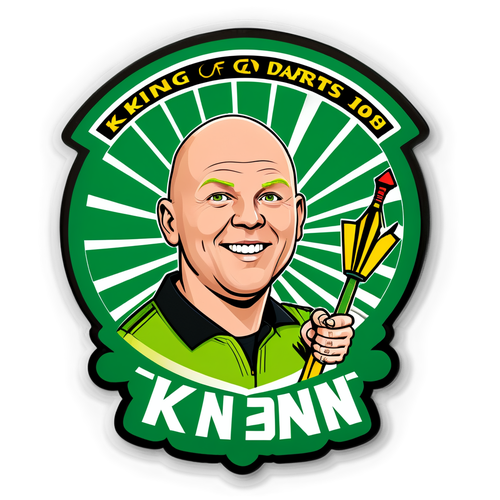 Illustratie van Michael van Gerwen met zijn beroemde groene darts en de tekst 'King of Darts'