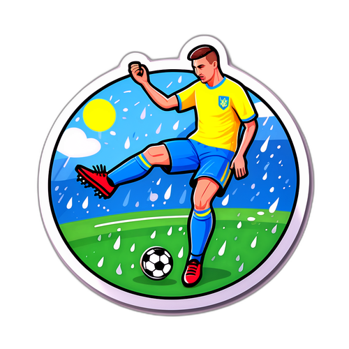 Чудовий художній стиль гри у футбол під весняним дощем з українськими елементами