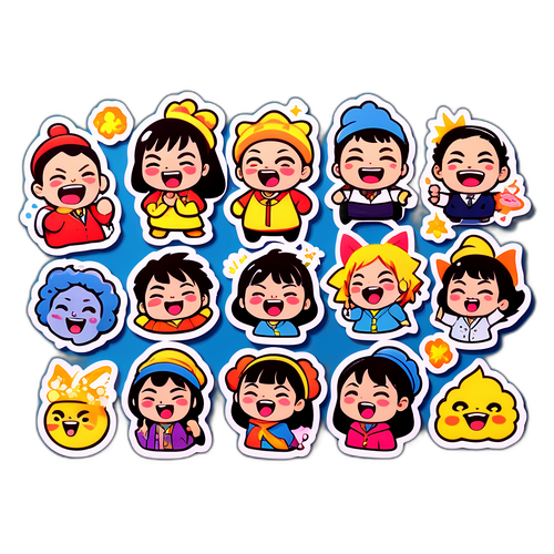 ユーモラスなキャラクター表情のカラフルステッカー