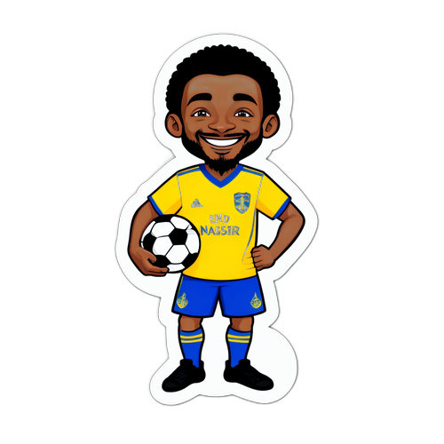 Autocolant amuzant cu un jucător de fotbal de la Al-Nassr și mingea lui, cu un zâmbet drăguț