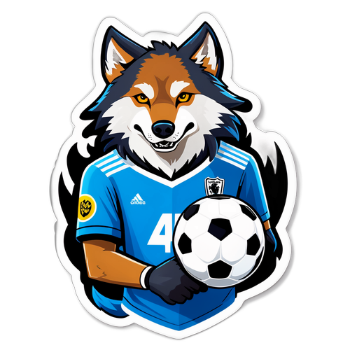 עיצוב מדבקה עם דמות זאב שמעוררת רעות ועבודת צוות בכדורגל