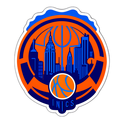 Logo de los Knicks con fondo urbano de Nueva York