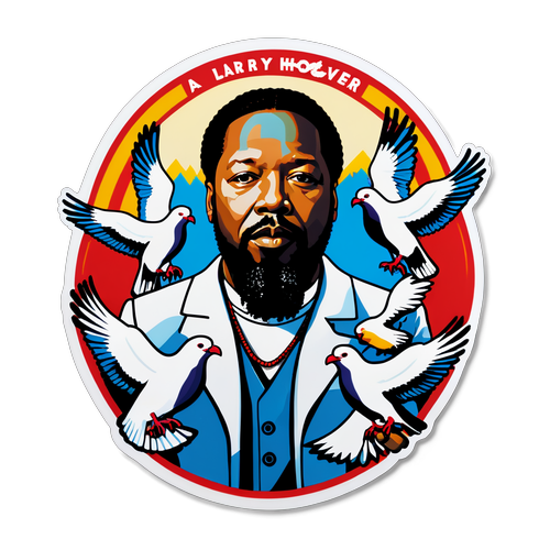 Autocollant représentant Larry Hoover avec un message d'unité et de solidarité, entouré de pigeons