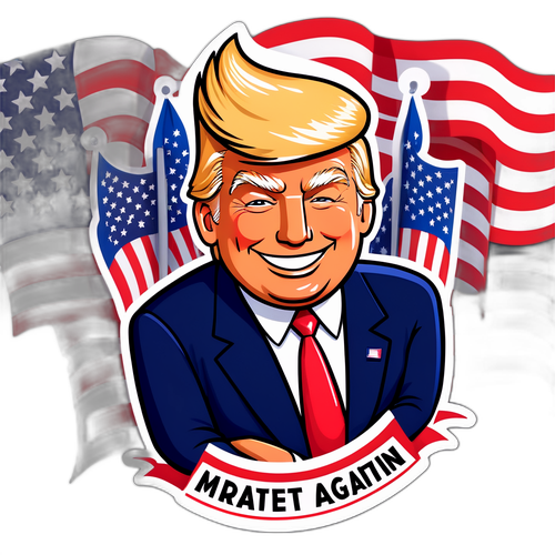 Kreslená postavička Donalda Trumpa s jeho ikonickým účesem a úsměvem