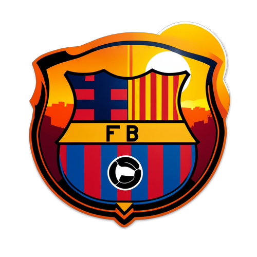 FC Barcelonas emblem med solnedgång över Camp Nou