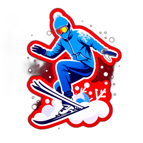 Sníh padá na stylizovanou nálepku s akrobatickým lyžováním