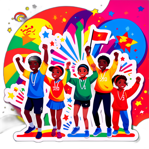 青少年在全国运动会中表现出色，运动员在五彩斑斓的背景前欢呼，展现活力与希望