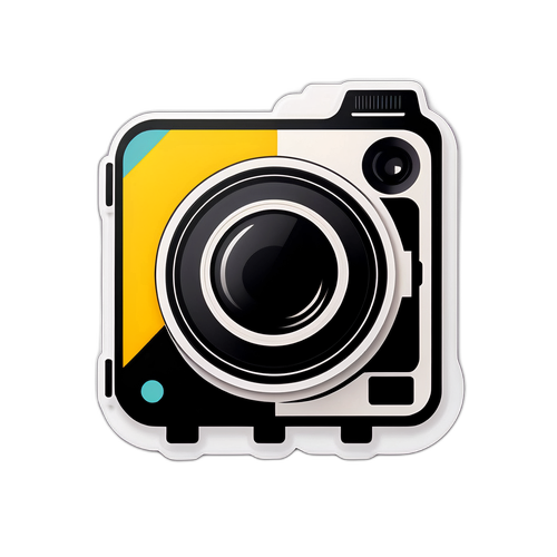 एक न्यूनतम एचडी-थीम वाला स्टिकर जिसमें सजीव ज्यामितीय आकृतियाँ और एक कैमरा लेंस ग्राफिक जो आधुनिक फोटोग्राफी की आस्थाएँ व्यक्त करता है।