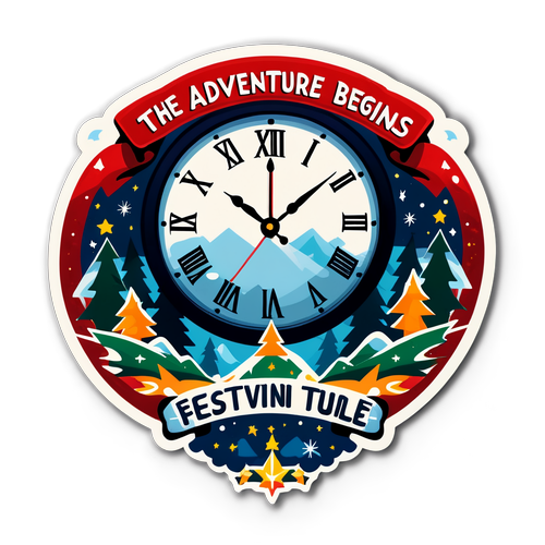 Diseño de sticker de un reloj marcando la medianoche con la frase "¡La Aventura Comienza!" en un estilo festivo.