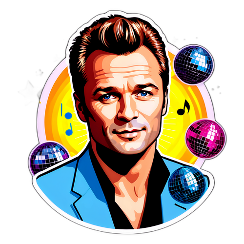 Oude sticker van David Hallyday met retro muzieknoten en discoballen