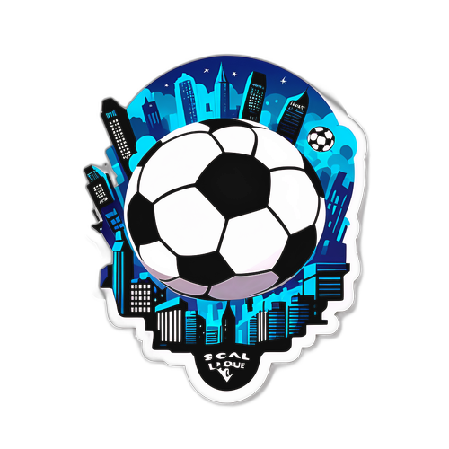 Vtipná nálepka s obrovským fotbalovým míčem v městské panoramě