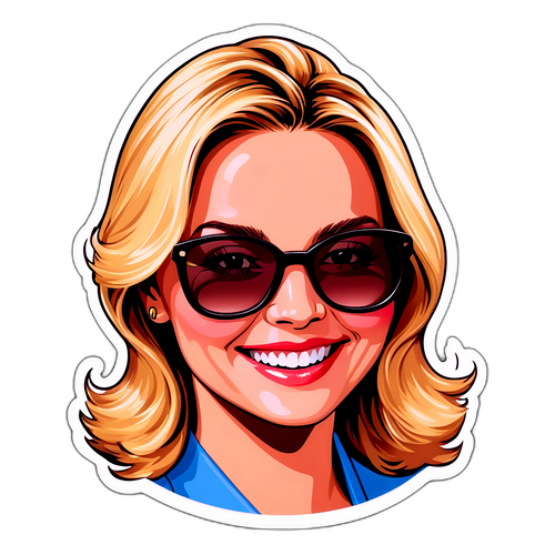 Autocollant représentant la personnalité de Virginie Efira avec des lunettes de soleil et un large sourire