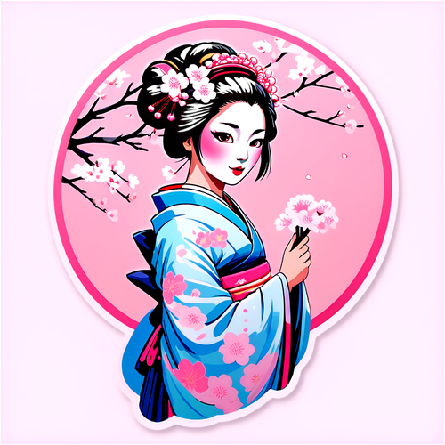 Keindahan Sayuri: Sticker Geisha dengan Bunga Sakura dalam Warna Pastel Impian!