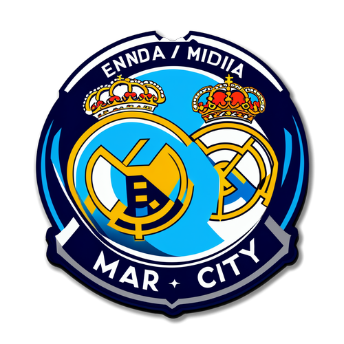 Nhãn dán chồng chéo giữa logo Real Madrid và Man City với cụm từ "Sân vận động châu Âu"