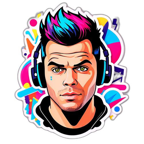 Ritratto di Fedez con cuffie e note musicali colorate