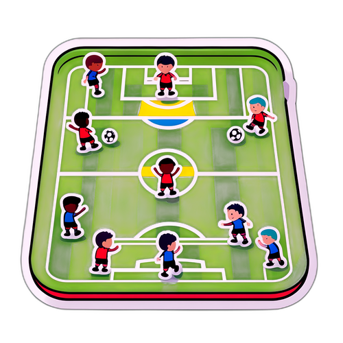En lekfull klistermärke design av en fotbollsplan med animerade spelare som deltar i en match