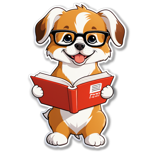 Stiker Anjing Kecil Lucu dengan Kacamata dan Buku