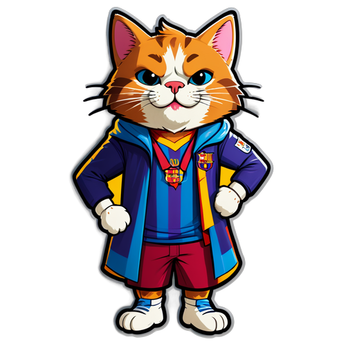 Sticker de un gato dibujado en estilo caricatura vestido con atuendo de fiesta del FC Barcelona