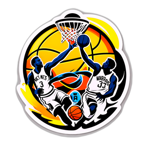 Um adesivo dinâmico com os logotipos dos Nets e Warriors em uma batalha épica de basquete