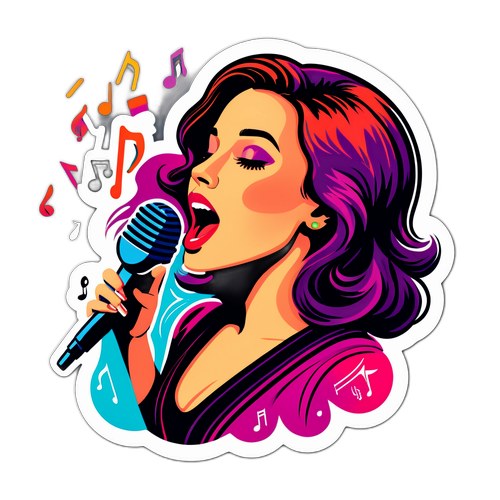Εικονογραφημένο αυτοκόλλητο της Λένας Δροσάκη που τραγουδάει σε μικρόφωνο