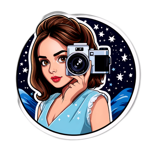 Sticker van Ana de Armas met een filmcamera en sterrenhemel