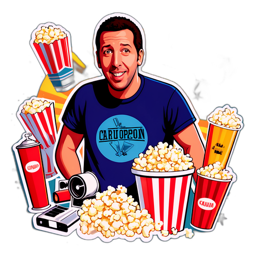 Retro-stil illustrasjon av Adam Sandler i en komediescene