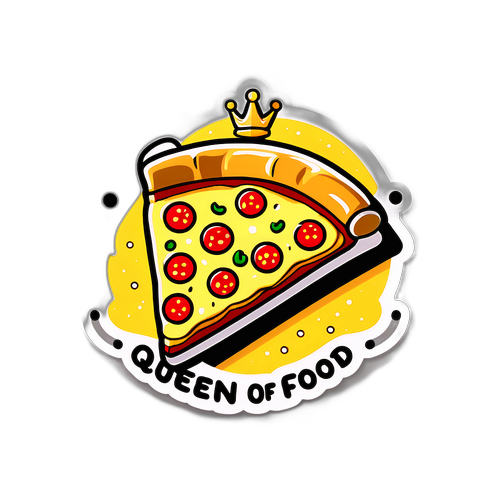 Ilustrace plátku pizzy s korunou a nápisem 'Královna jídla'