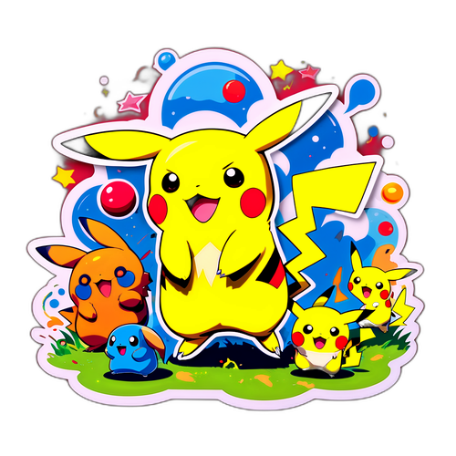 Pikachu és más Pokémonok élénk jelenetben