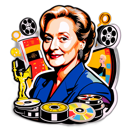 En kunstnerisk fremstilling av Meryl Streep med filmruller og priser