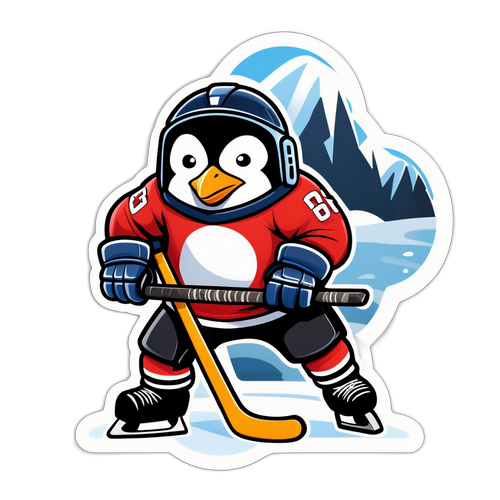 Cartoon Penguin Hockey Battle Sticker