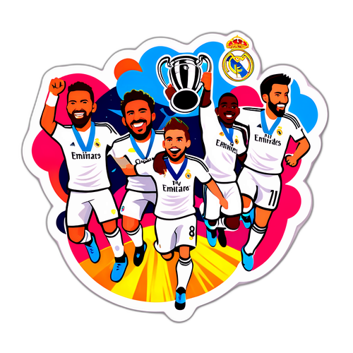 Autocolant cu trofeul Champions League și jucători faimoși ai Real Madrid