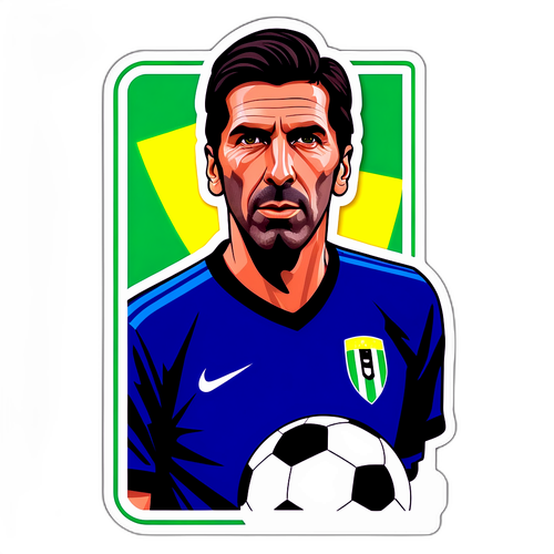 Ritratto stiloso di Gianluigi Buffon con sfondo di campo da calcio, celebrando la sua leggenda con il testo 'Leggenda'