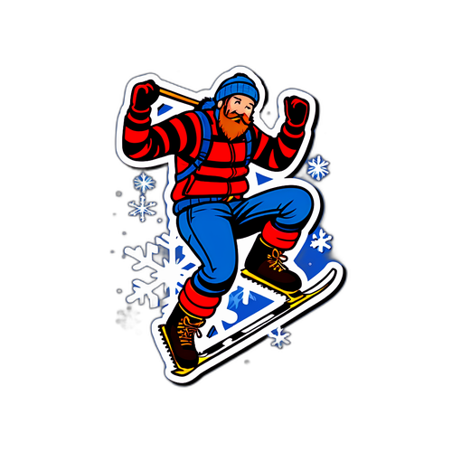 Sticker van een houthakker met een snowboarder en dansende sneeuwvlokken
