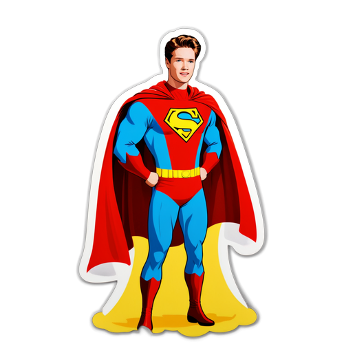 Adesivo vintage mostrando Patrick Schwarzenegger como um super-herói