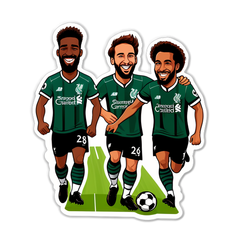 Divertido sticker con caricaturas de jugadores de Liverpool y Plymouth Argyle en un campo de fútbol