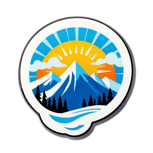 Sticker cu un soare vesel răsărind peste munți acoperiți de zăpadă