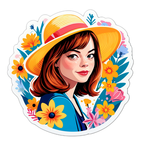 Autocolant cu Emma Stone purtând o pălărie de vară