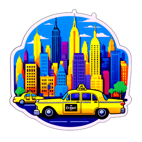 Vibrante sticker met het New York Times-logo en iconische NYC-elementen