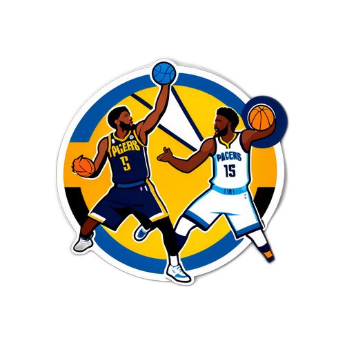 Diseño de sticker con el logo de la NBA y una ilustración de un enfrentamiento intenso entre los Pacers y los Nuggets