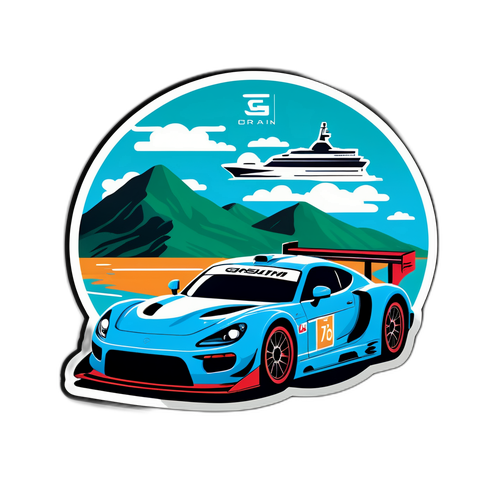 Samolepka rychlého závodního auta s krásnou krajinou
