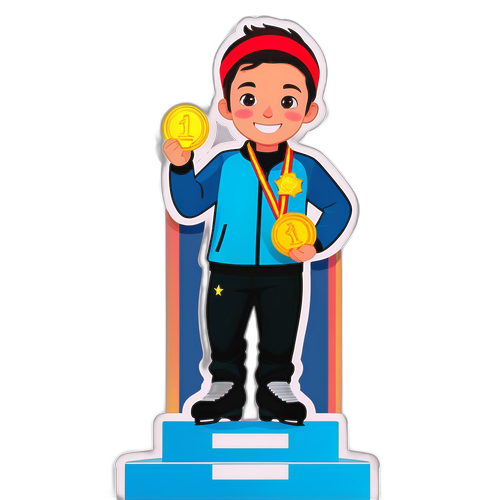 הוא מפגן את מדליות החלקה שלו על הפודיום