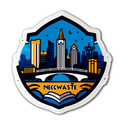 Stiker Minimalis Newcastle dengan Emblem Klub dan Skyline Kota di Malam Hari