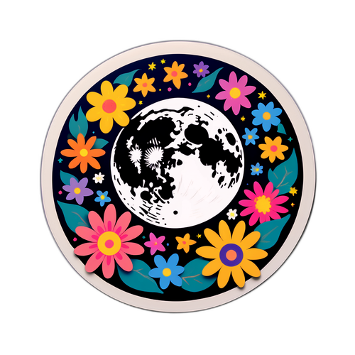 Sticker con luna llena y flores coloridas