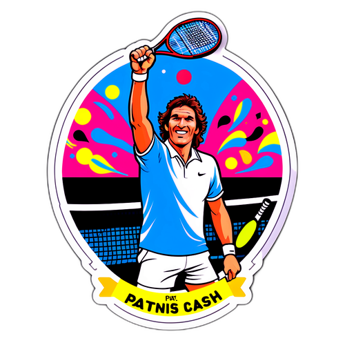 Retro-inspireret klistermærke af Pat Cash, der fejrer en tennissejr
