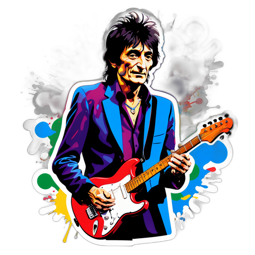 Vivid portrett av Ronnie Wood med musikknoter og fargerike malingsprut
